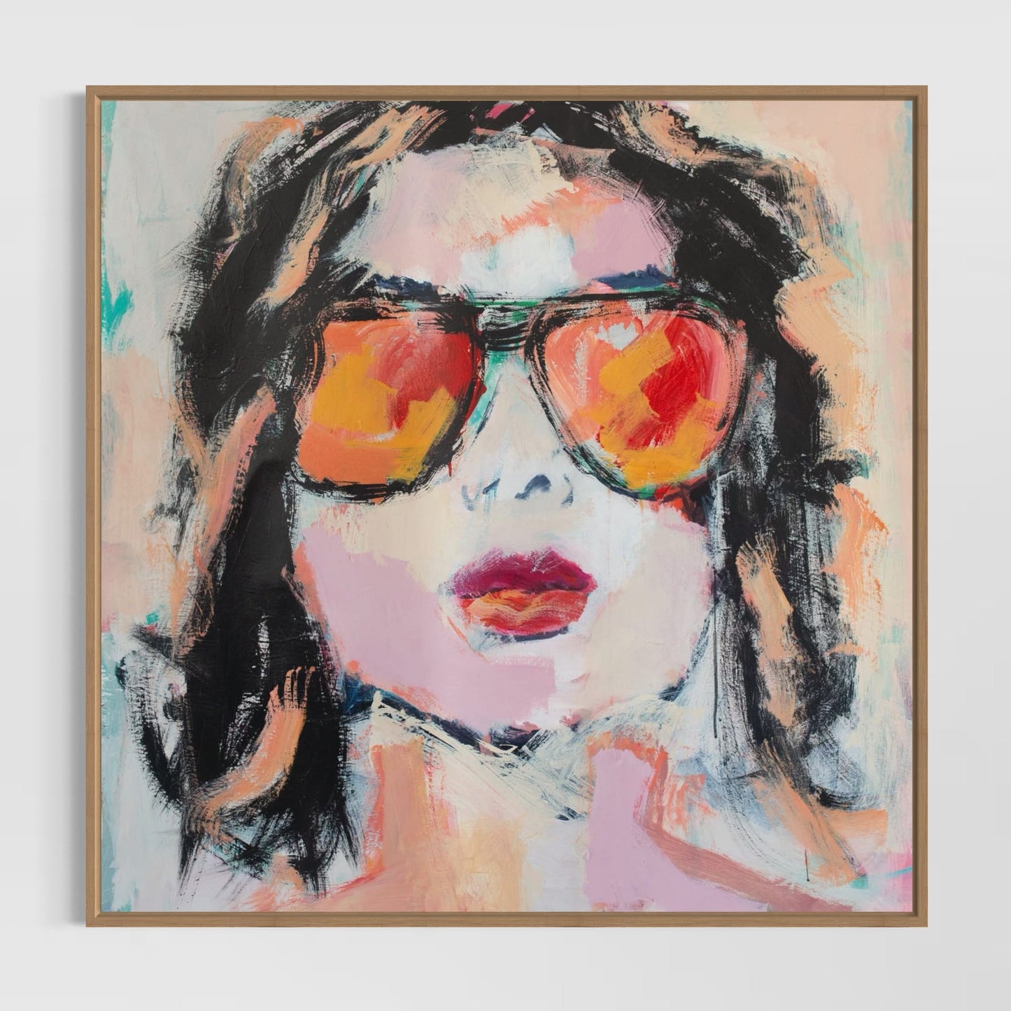 Abstract painting of a person wearing colorful sunglasses with a pastel background - Frankie - Abstract figurative portrait of woman, art by Australian Artist Rose Hewartson Original Abstract Painting on Canvas Framed 99x123 cm Statement Piece