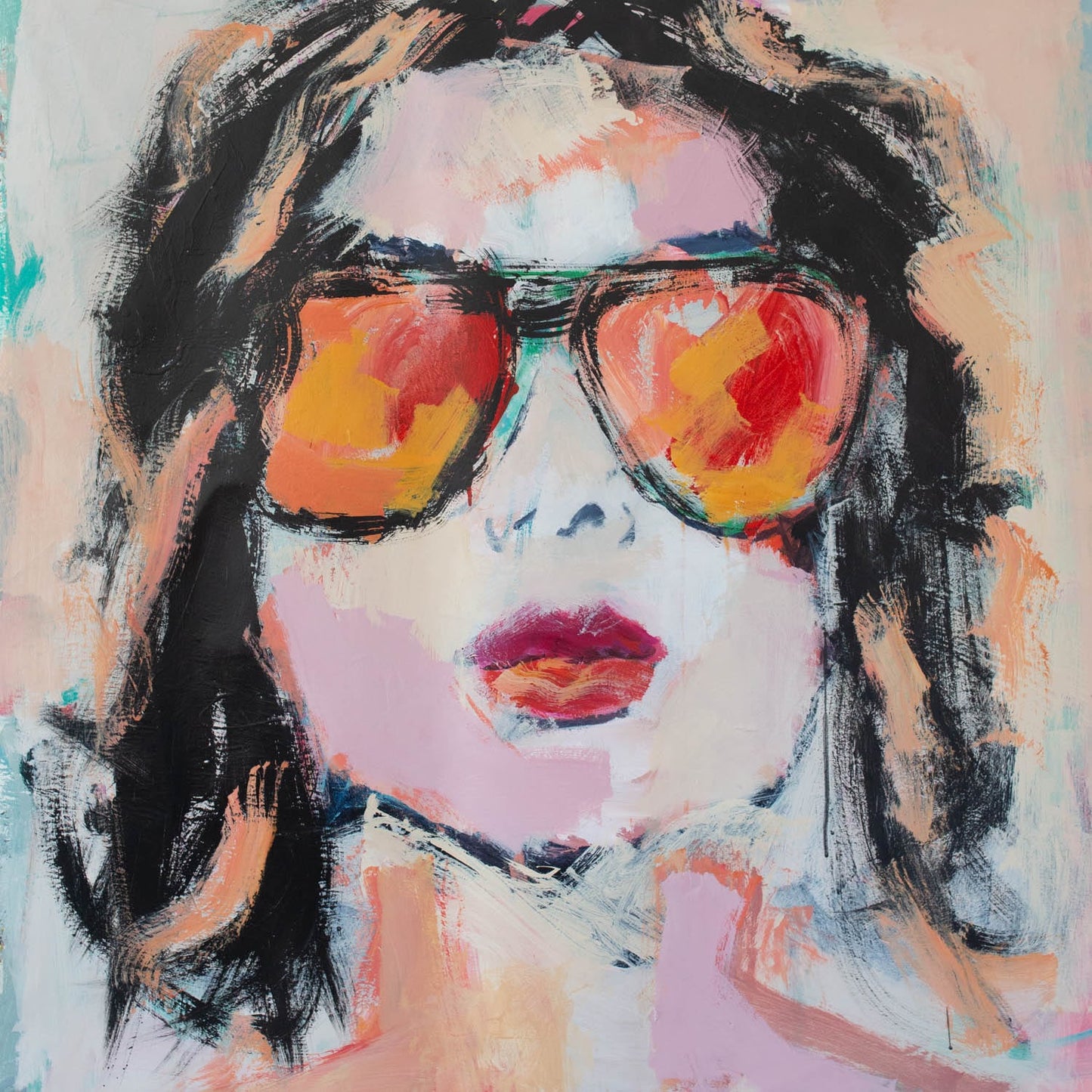 Abstract painting of a person wearing colorful sunglasses with a pastel background - Frankie - Abstract figurative portrait of woman, art by Australian Artist Rose Hewartson Original Abstract Painting on Canvas Framed 99x123 cm Statement Piece