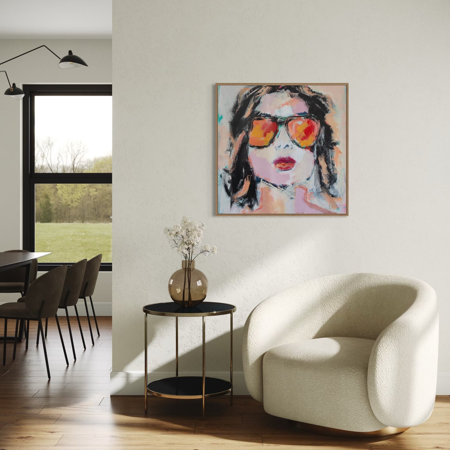 Abstract painting of a person wearing colorful sunglasses with a pastel background - Frankie - Abstract figurative portrait of woman, art by Australian Artist Rose Hewartson Original Abstract Painting on Canvas Framed 99x123 cm Statement Piece
