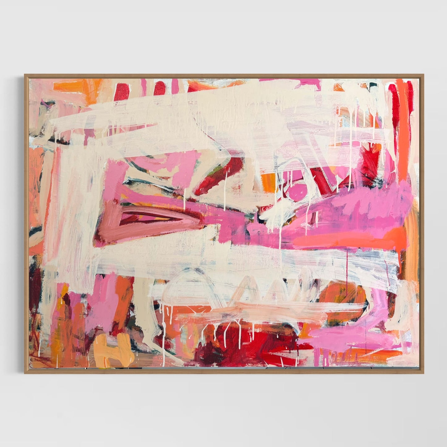 Abstract art with pink, orange, and white brush strokes on a white background - It's Okay To Let Go - by Australian Artist Rose Hewartson Original Abstract Painting on Canvas Framed Statement Piece