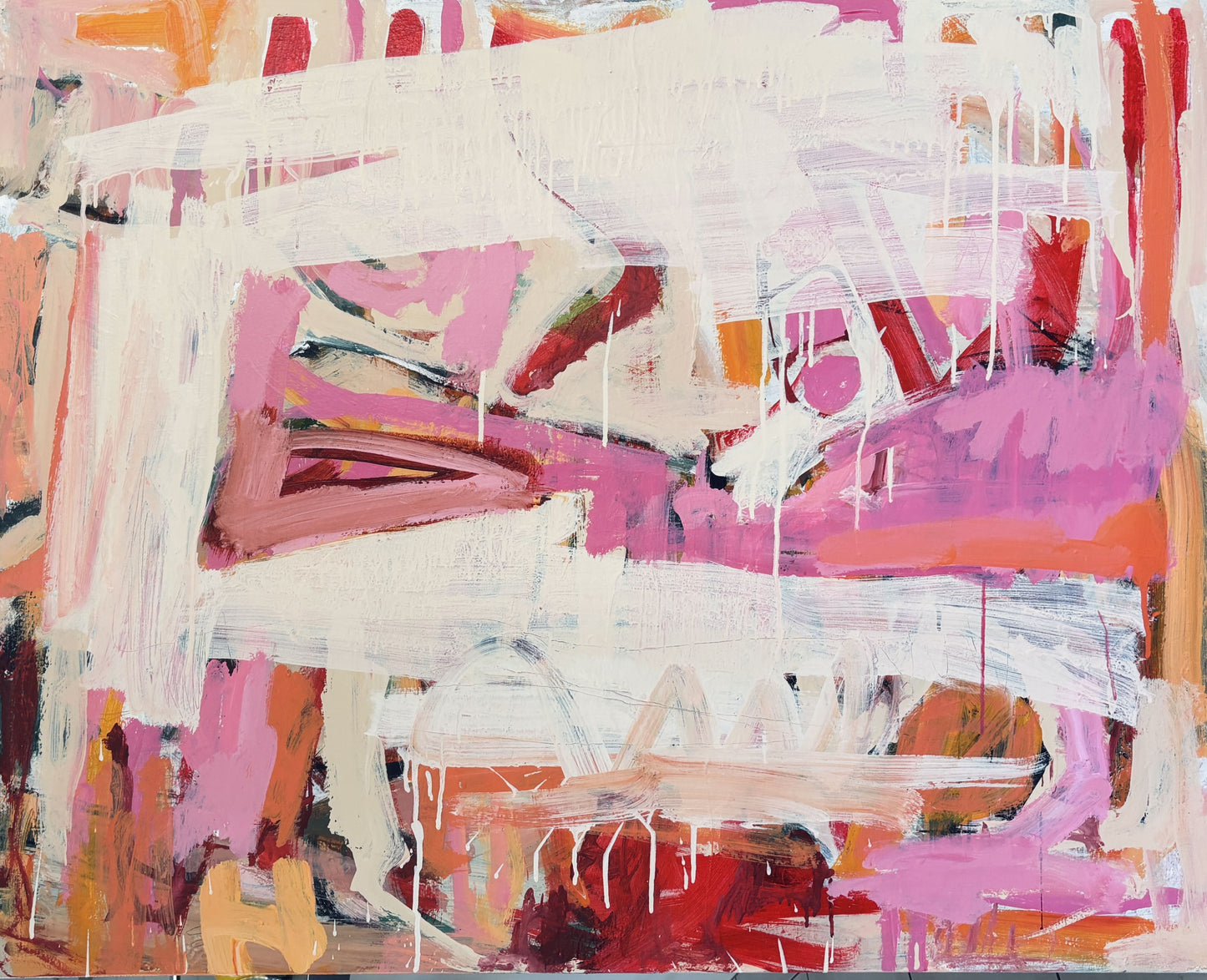 Abstract art with pink, orange, and white brush strokes on a white background - It's Okay To Let Go - by Australian Artist Rose Hewartson Original Abstract Painting on Canvas Framed Statement Piece