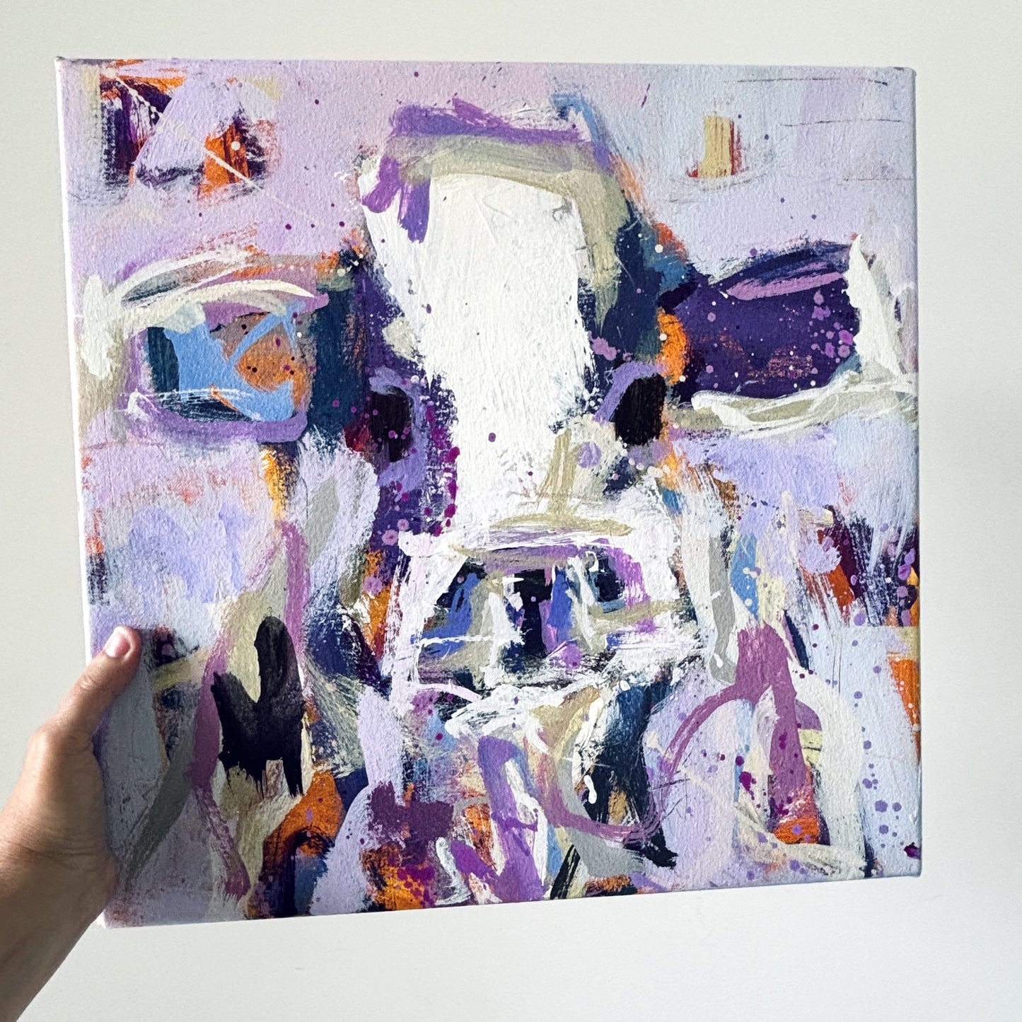 Lucky - by Australian Artist Rose Hewartson Original Abstract Cow Painting on Canvas Framed 40 x 40cm Framed