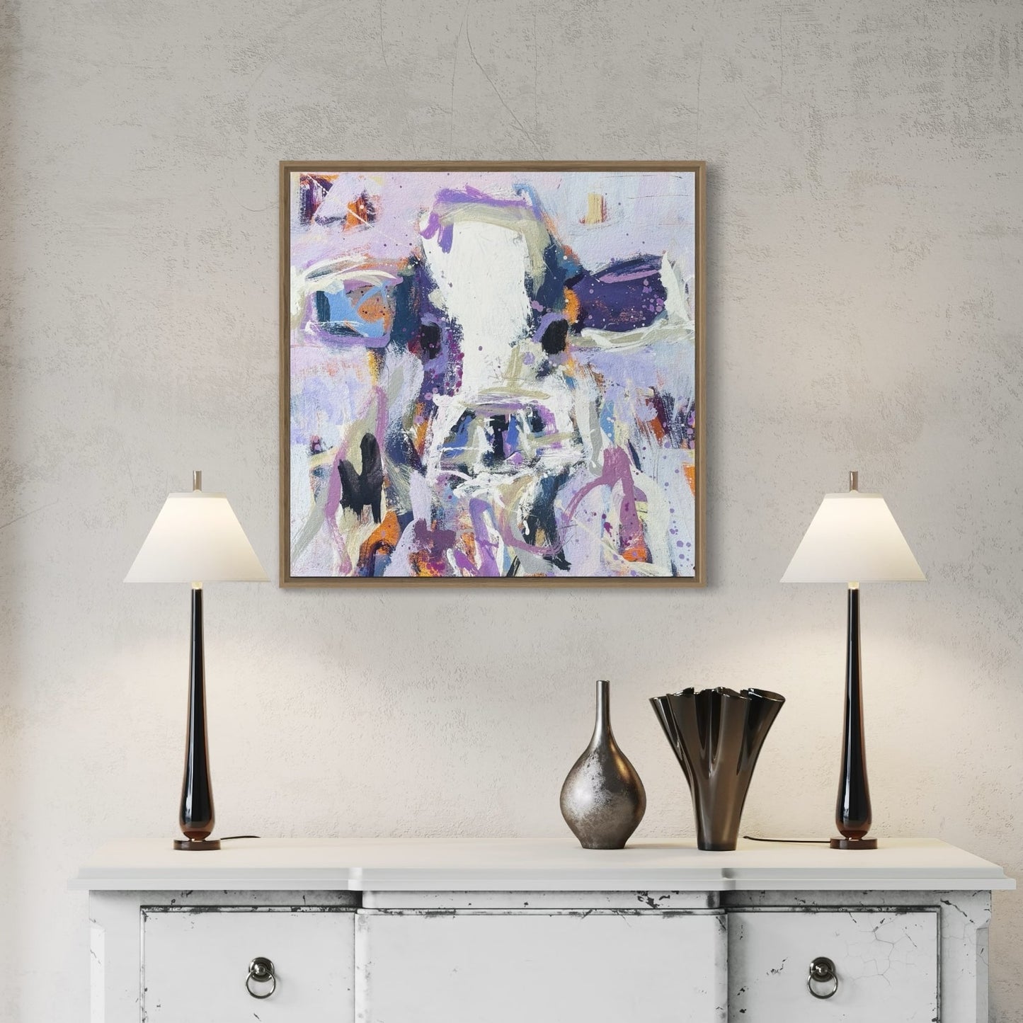 Lucky - by Australian Artist Rose Hewartson Original Abstract Cow Painting on Canvas Framed 40 x 40cm Framed