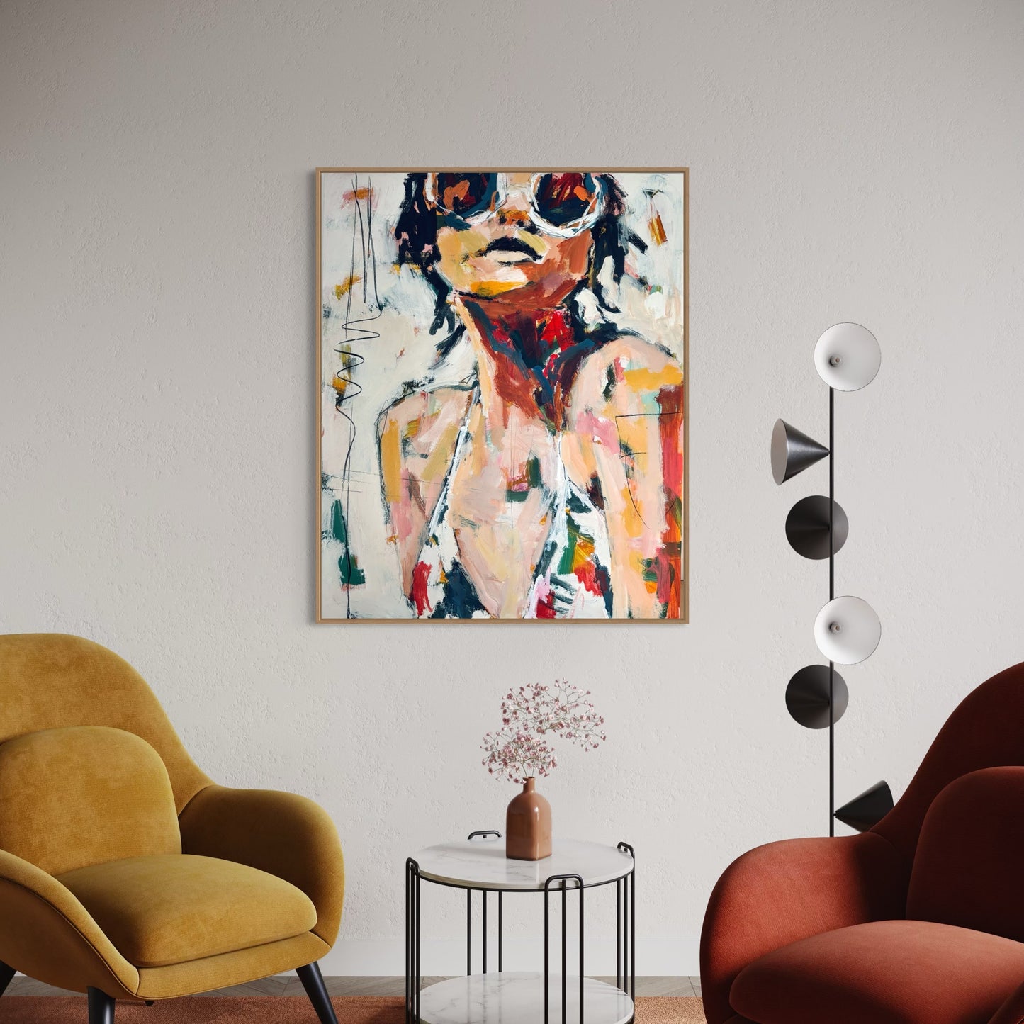 Roxy - Bold retro, vintage inspired portrait by Australian Artist Rose Hewartson Original Abstract Painting on Canvas Framed 99x123 cm Statement Piece