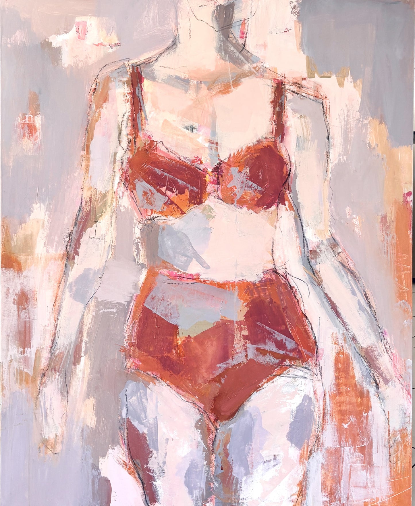 She Walked Through Fire - Abstract figurative portrait of woman, art by Australian Artist Rose Hewartson Original Abstract Painting on Canvas Framed 99x123 cm Statement Piece