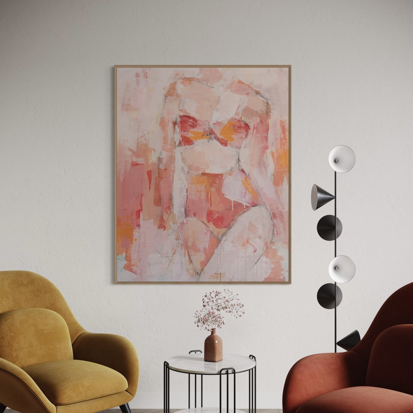 Abstract figure painting with pink, orange, and white colours on a light background - Strong Heart - Abstract figurative portrait of woman, art by Australian Artist Rose Hewartson Original Abstract Painting on Canvas Framed 99x123 cm Statement Piece