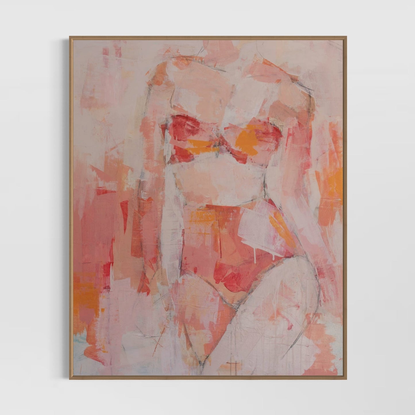 Abstract figure painting with pink, orange, and white colours on a light background - Strong Heart - Abstract figurative portrait of woman, art by Australian Artist Rose Hewartson Original Abstract Painting on Canvas Framed 99x123 cm Statement Piece
