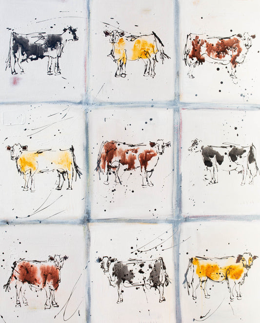 27 Friends  - Abstract Cow by Australian Artist Rose Hewartson Original Abstract Painting on Canvas Framed 96x123 cm Statement Piece