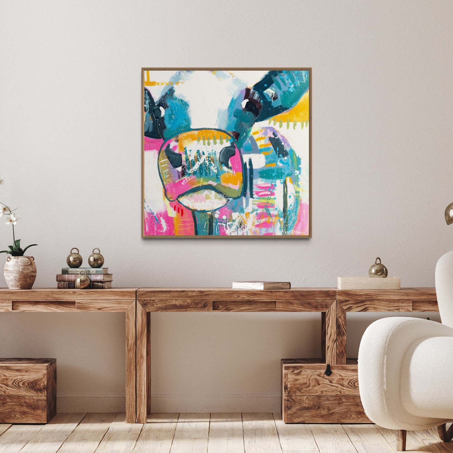 Brewster - Abstract Cow by Australian Artist Rose Hewartson Original Abstract Painting on Canvas Framed 93 x 93cm Statement Piece