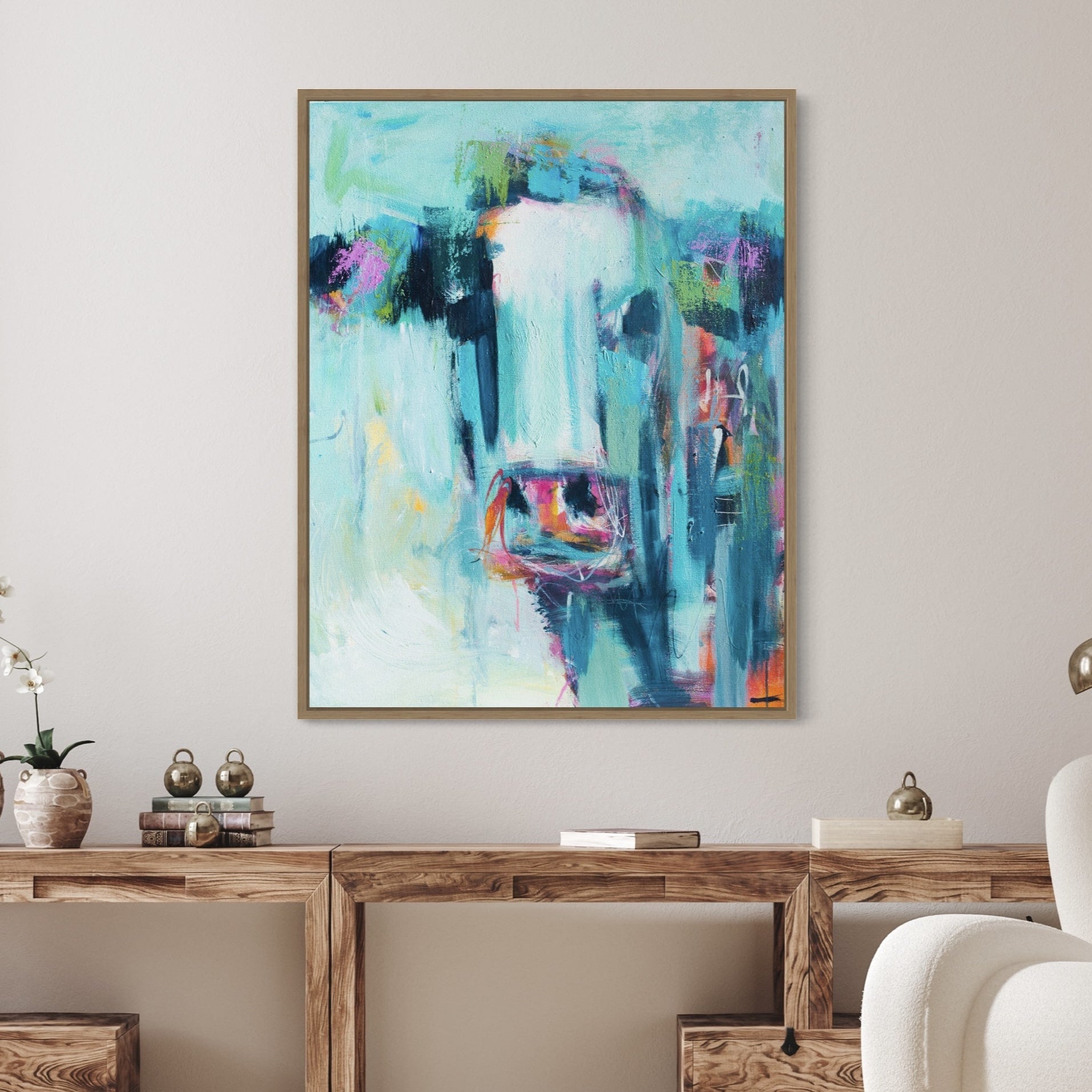 Angel- by Australian Artist Rose Hewartson Original Abstract Cow Painting on Canvas Framed 99 x 123 cm Statement Piece