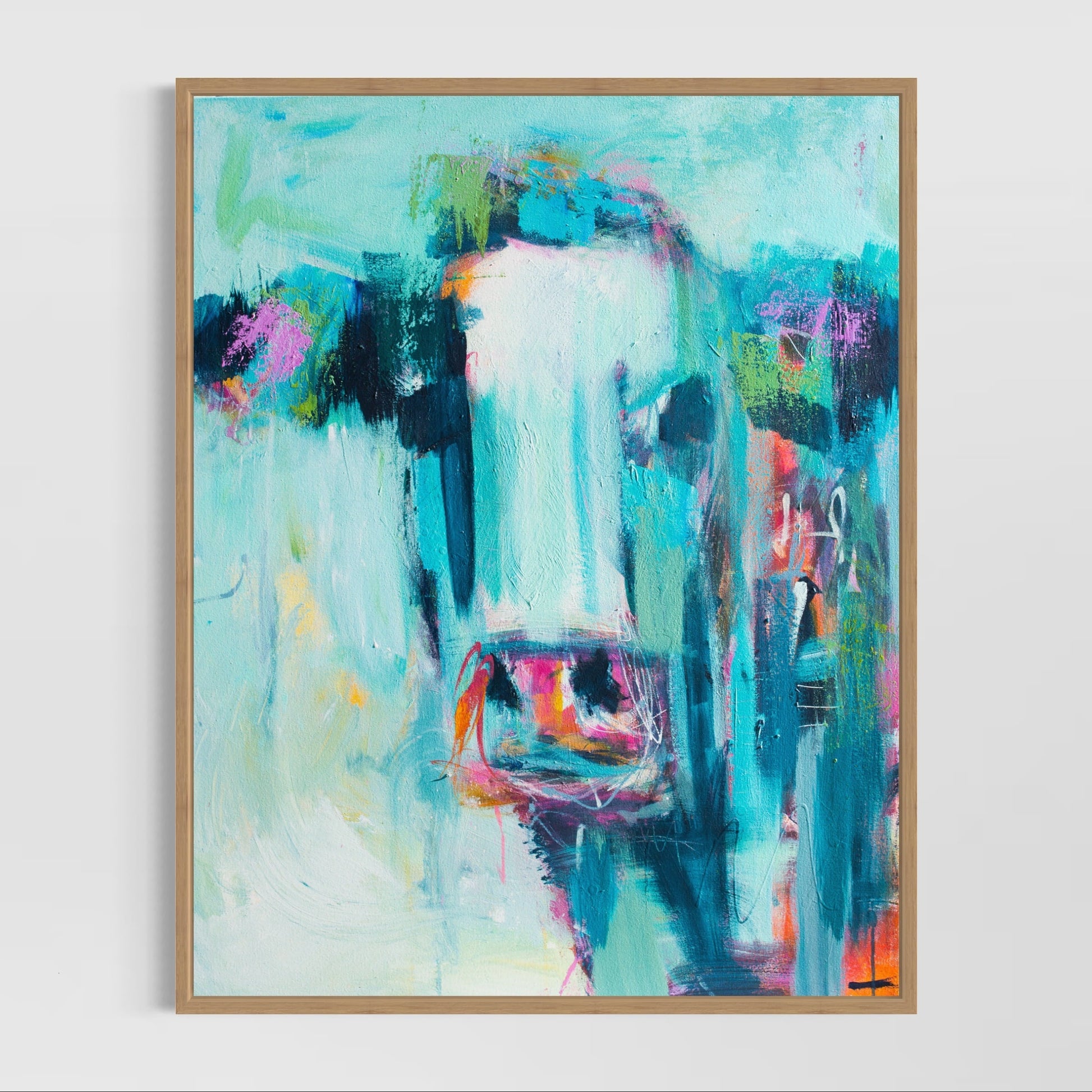 Angel- by Australian Artist Rose Hewartson Original Abstract Cow Painting on Canvas Framed 99 x 123 cm Statement Piece