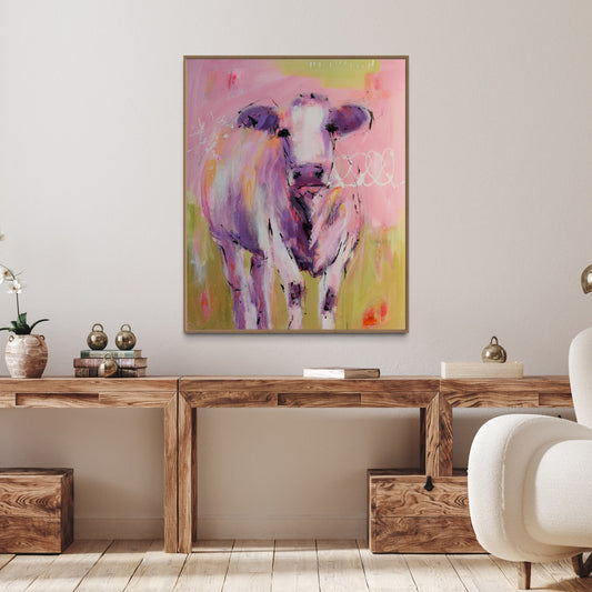 Astrid Abstract Cow by Australian Artist Rose Hewartson Original Abstract Painting on Canvas Framed 96x123 cm Statement Piece