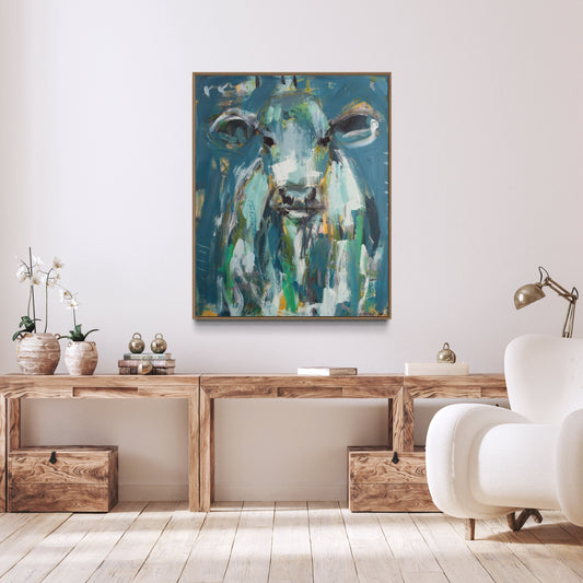 Benji Blue  - Abstract Cow by Australian Artist Rose Hewartson Original Abstract Painting on Canvas Framed 96x123 cm Statement Piece