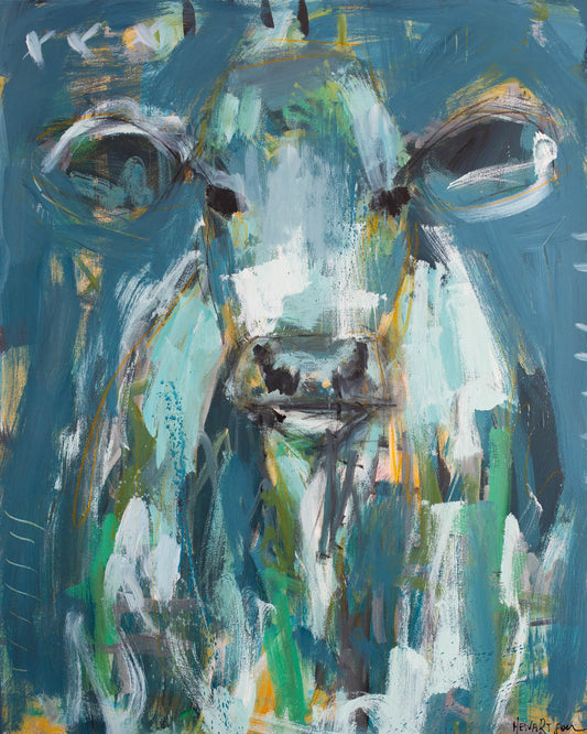 Benji Blue  - Abstract Cow by Australian Artist Rose Hewartson Original Abstract Painting on Canvas Framed 96x123 cm Statement Piece