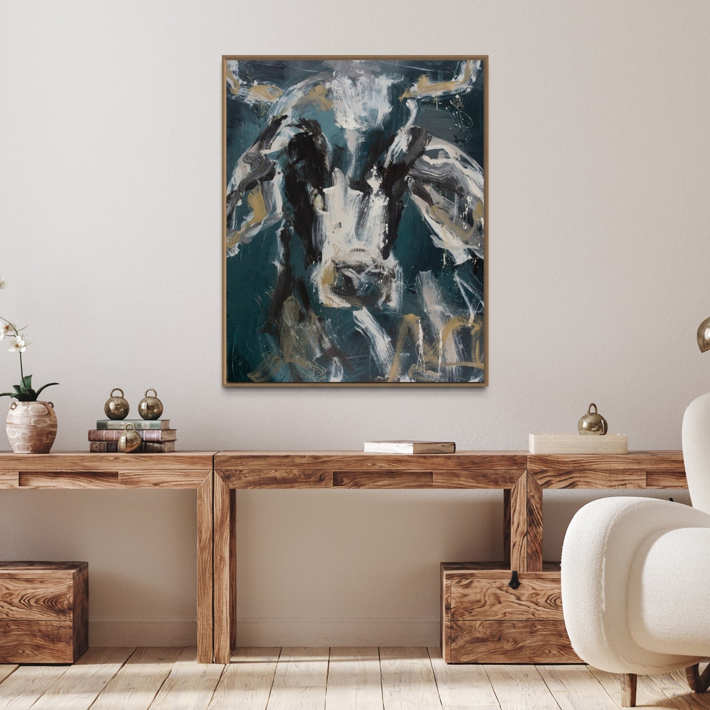 Blaze - by Australian Artist Rose Hewartson Original Abstract Cow Painting on Canvas Framed 96x123 cm Statement Piece
