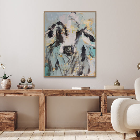 Bolt- by Australian Artist Rose Hewartson Original Abstract Cow Painting on Canvas Framed 96x123 cm Statement Piece