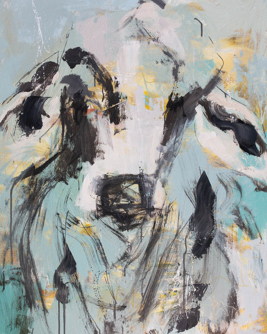 Bolt- by Australian Artist Rose Hewartson Original Abstract Cow Painting on Canvas Framed 96x123 cm Statement Piece