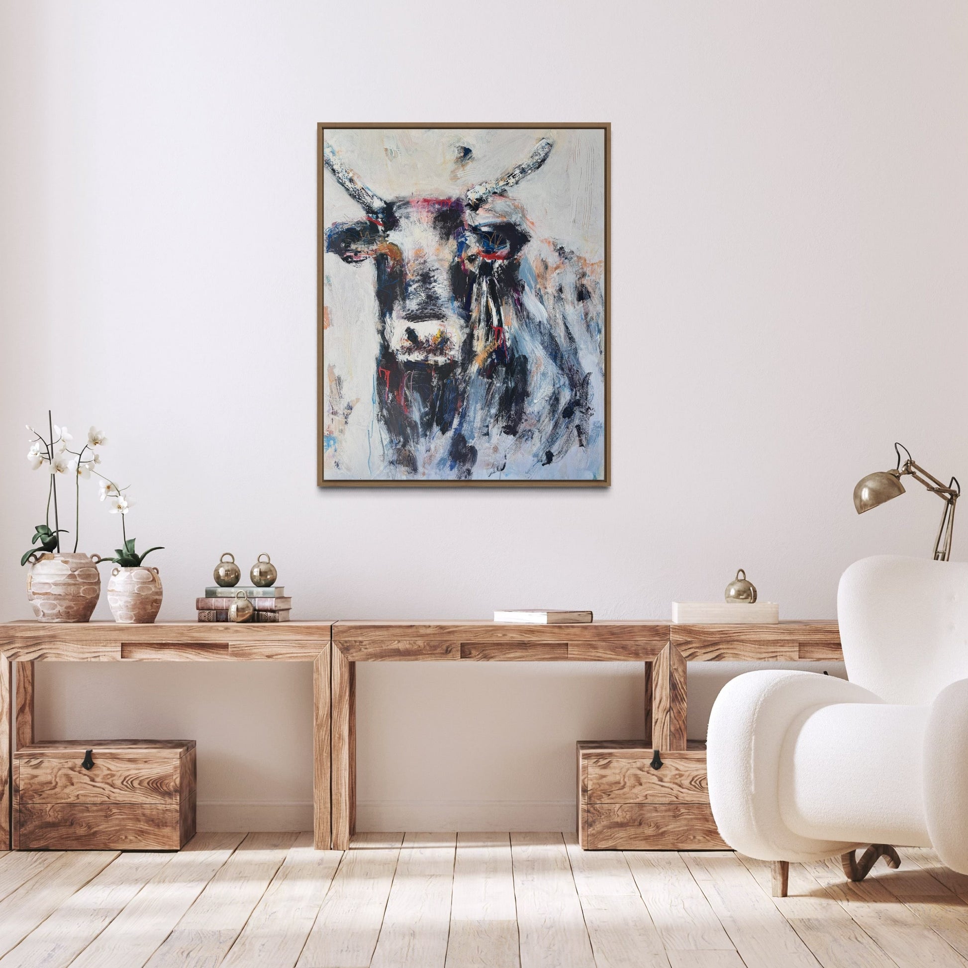 Boomer - Abstract Bull by Australian Artist Rose Hewartson Original Abstract Painting on Canvas Framed 99x123 cm Statement Piece