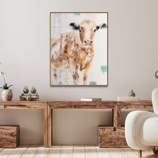 Cocoa  - Abstract Cow by Australian Artist Rose Hewartson Original Abstract Painting on Canvas Framed 96x123 cm Statement Piece