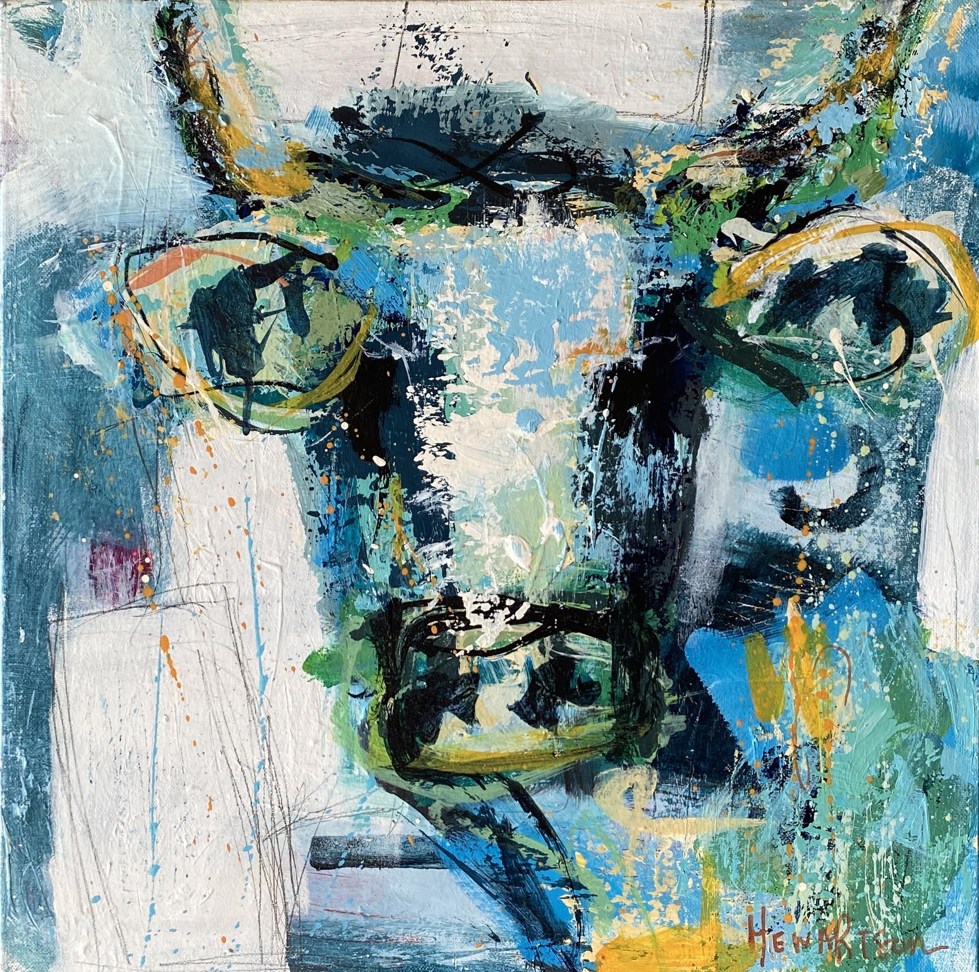 Conrad - by Australian Artist Rose Hewartson Original Abstract Cow Painting on Canvas Framed 45 x 45cm Statement Piece