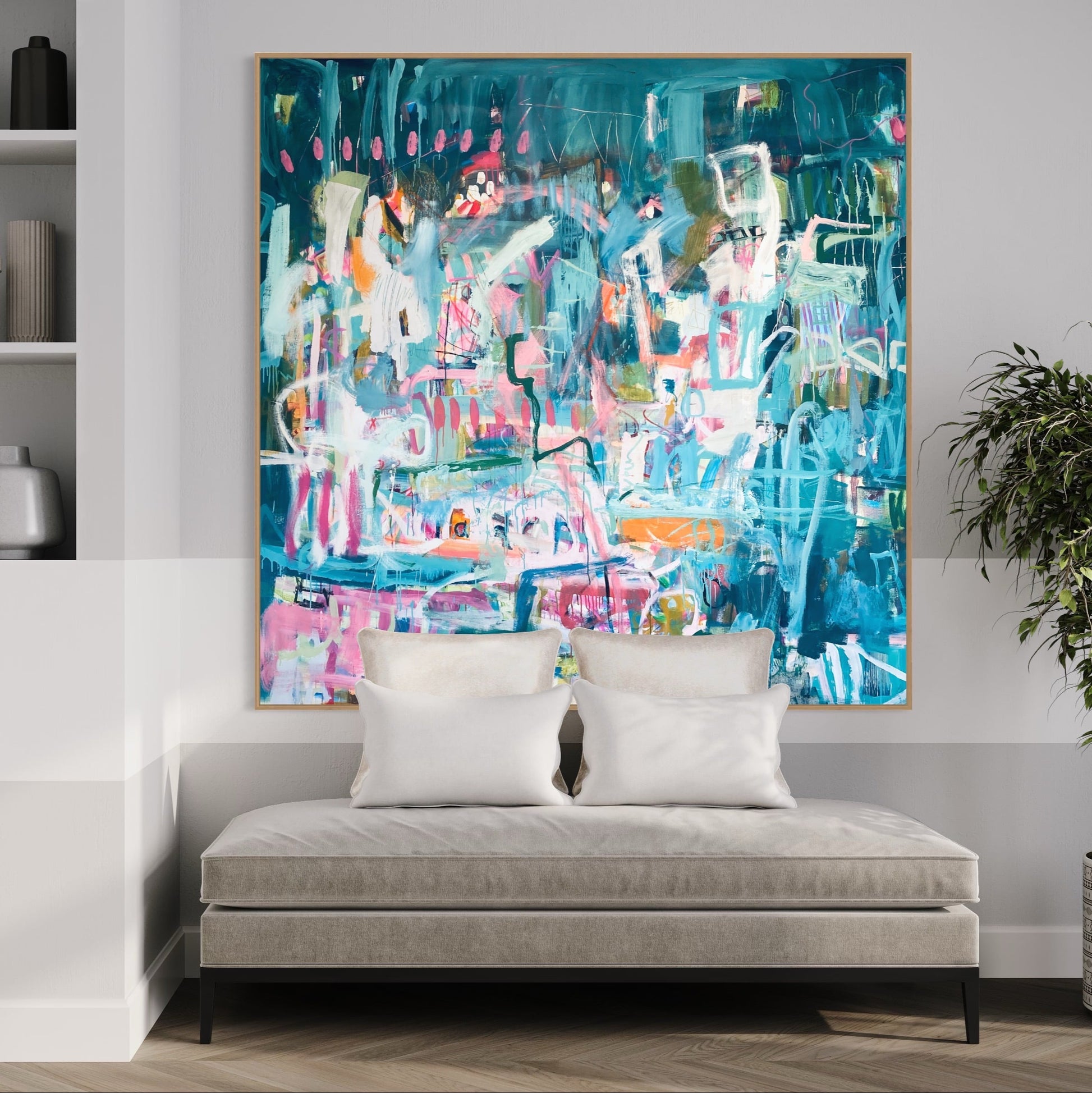 Don't Have Any Plans - by Australian Artist Rose Hewartson Original Abstract Painting on Canvas Framed 190 x 190 cm Statement Piece