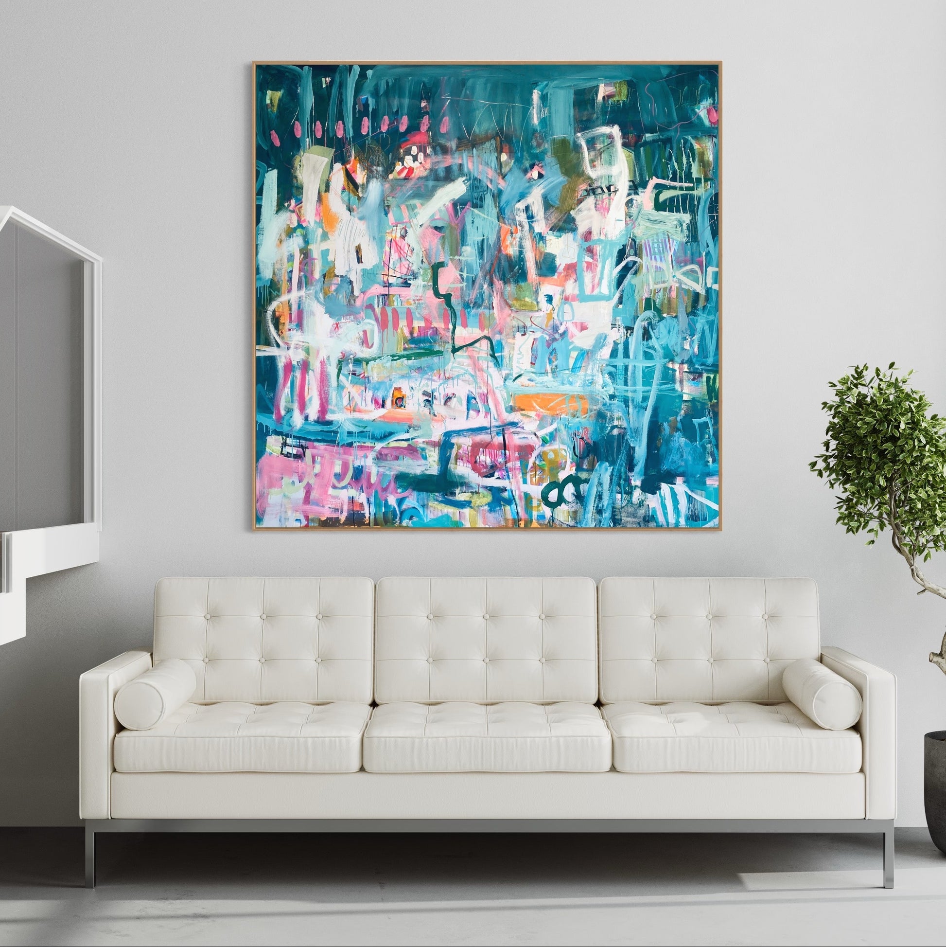 Don't Have Any Plans - by Australian Artist Rose Hewartson Original Abstract Painting on Canvas Framed 190 x 190 cm Statement Piece