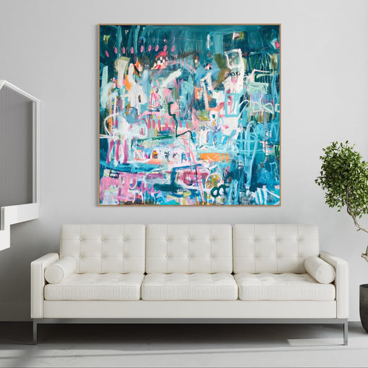Don't Have Any Plans - by Australian Artist Rose Hewartson Original Abstract Painting on Canvas Framed 190 x 190 cm Statement Piece