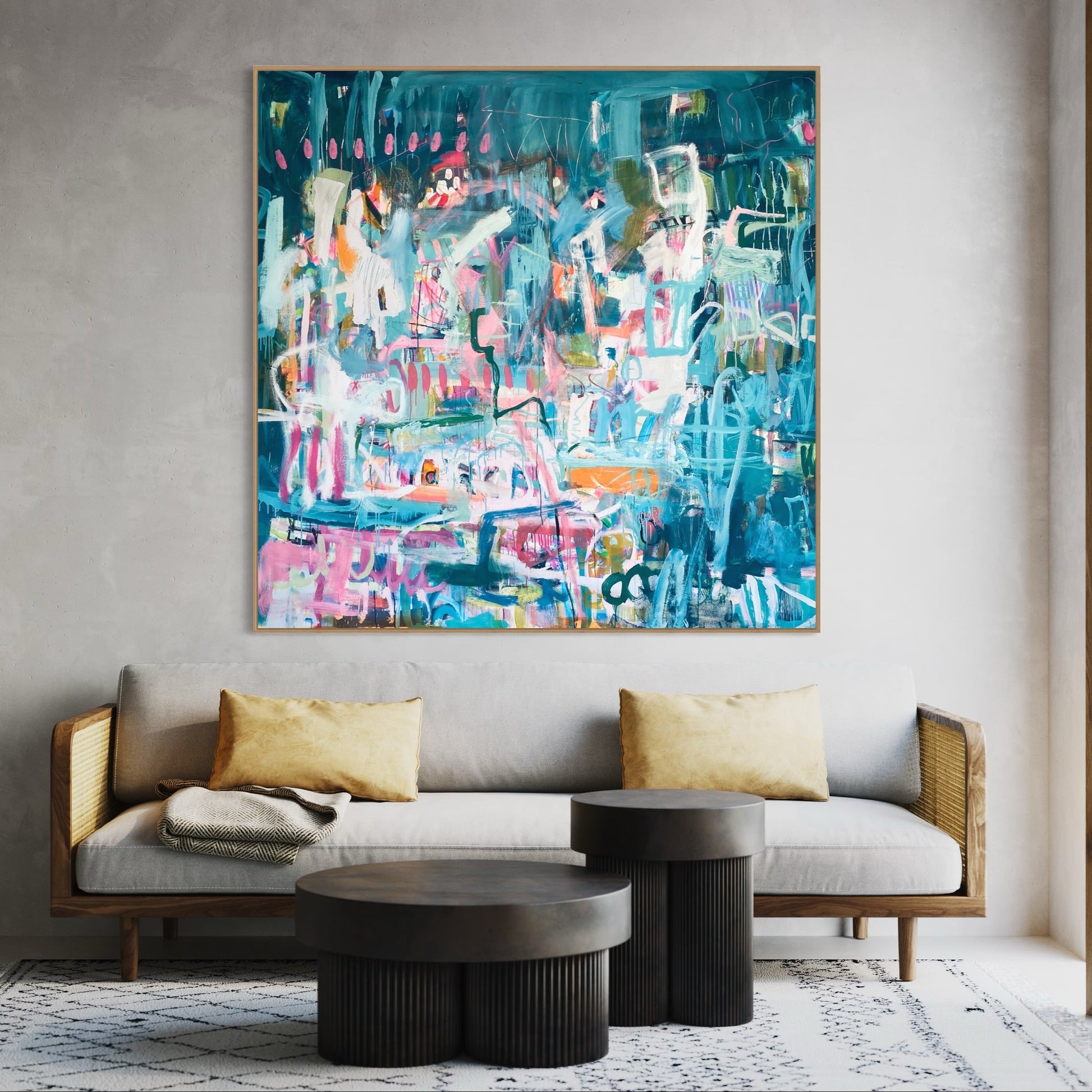 Don't Have Any Plans - by Australian Artist Rose Hewartson Original Abstract Painting on Canvas Framed 190 x 190 cm Statement Piece