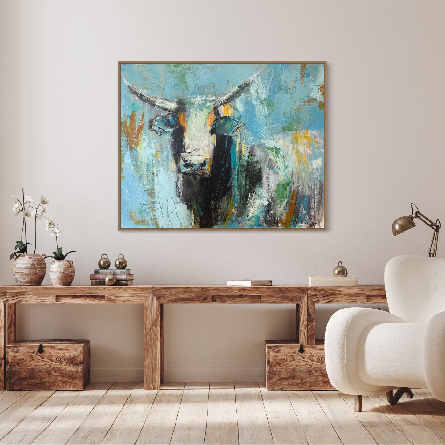 Duke- by Australian Artist Rose Hewartson Original Abstract Cow Painting on Canvas Framed 123 x 99cm Statement Piece