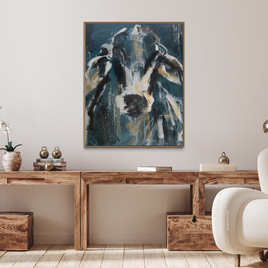 ELECKTRA - by Australian Artist Rose Hewartson Original Abstract Cow Painting on Canvas Framed 96x123 cm Statement Piece