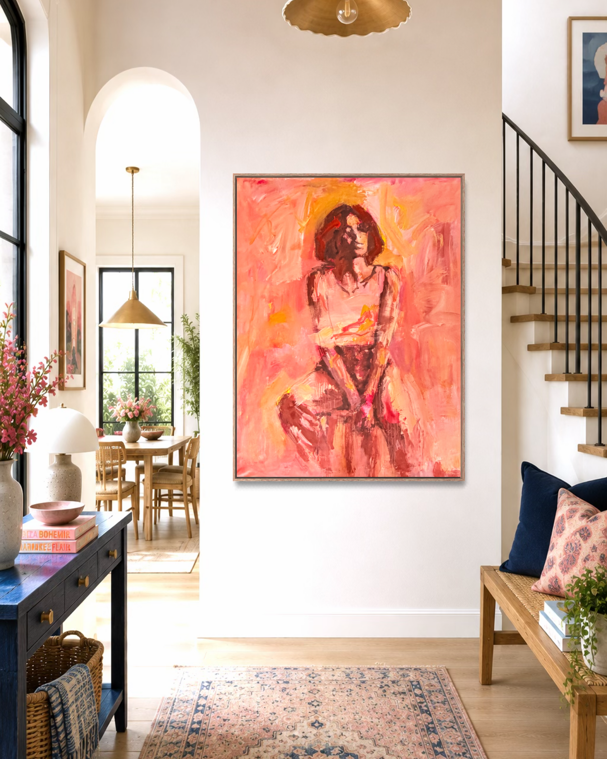 Fire In My Heart - Abstract figurative portrait of woman, art by Australian Artist Rose Hewartson Original Abstract Painting on Canvas Framed Statement Piece