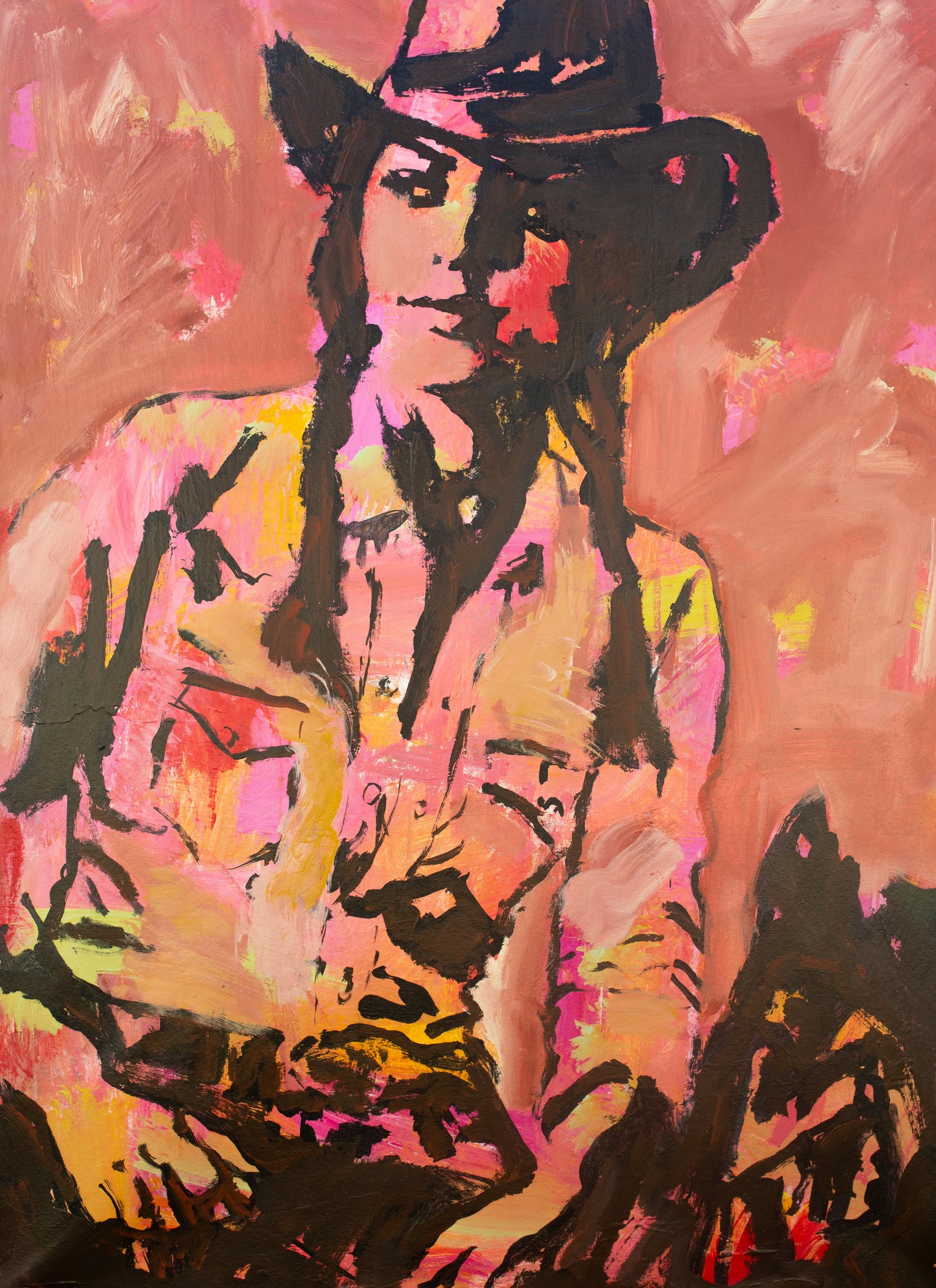 Full Tilt  - Abstract figurative portrait of cowgirl, art by Australian Artist Rose Hewartson Original Abstract Painting on Canvas Framed, Statement Piece