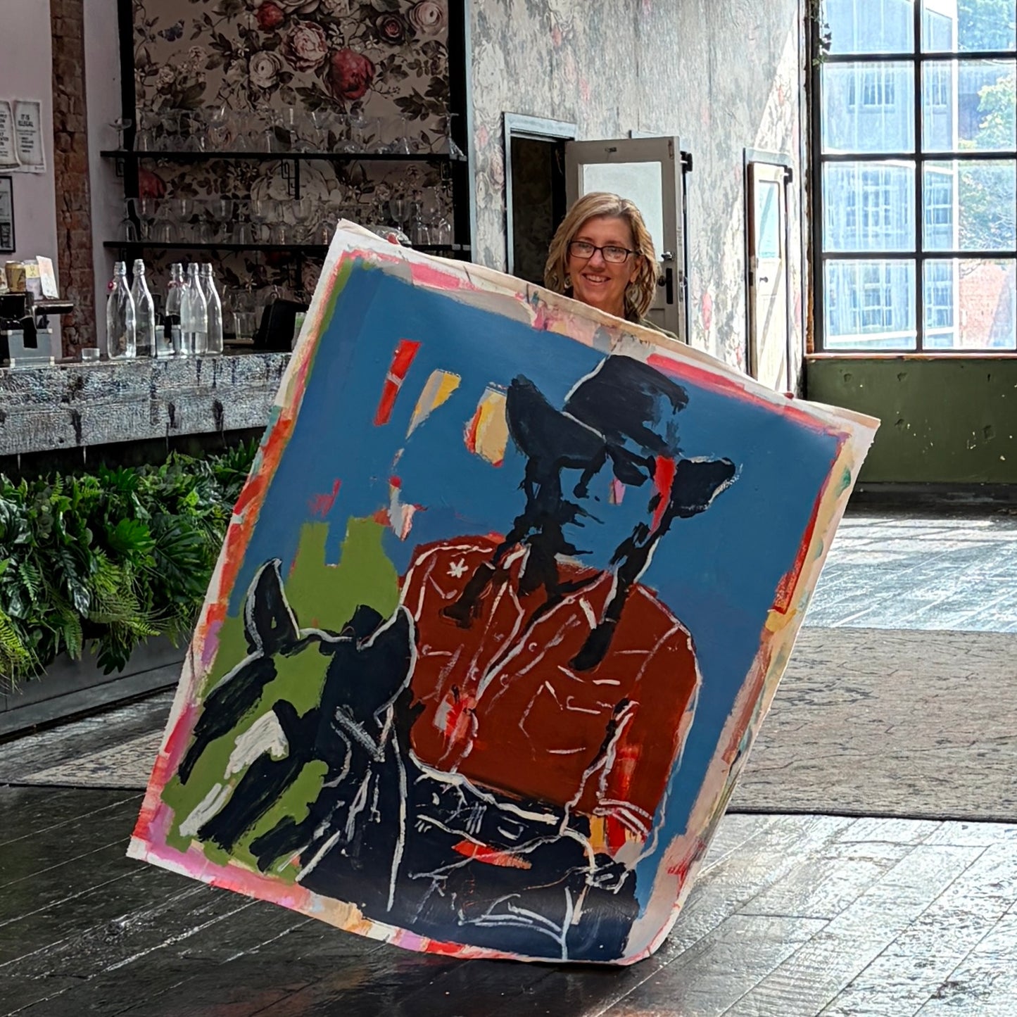 Hard To Tame  - Abstract figurative portrait of cowgirl, art by Australian Artist Rose Hewartson Original Abstract Painting on Canvas Framed, Statement Piece