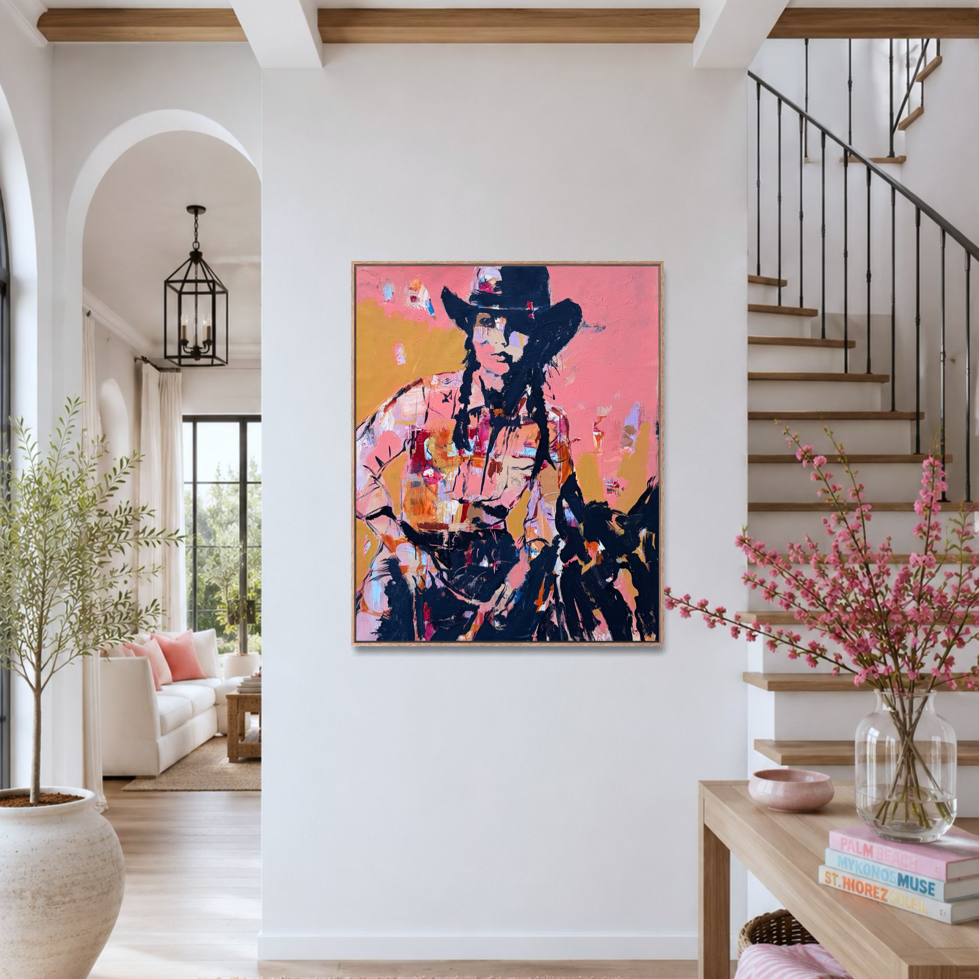 Her Own Damn Way  - Abstract figurative portrait of cowgirl, art by Australian Artist Rose Hewartson Original Abstract Painting on Canvas Framed, Statement Piece