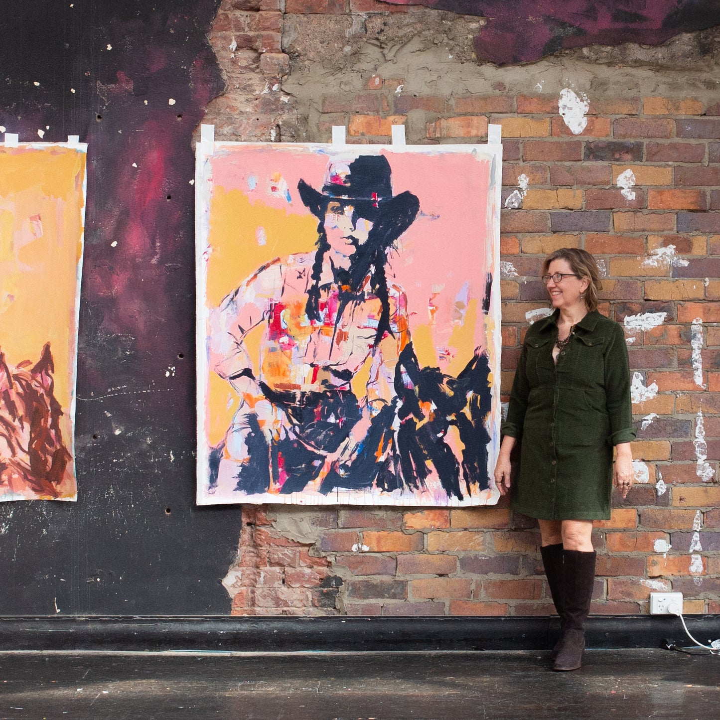 Her Own Damn Way  - Abstract figurative portrait of cowgirl, art by Australian Artist Rose Hewartson Original Abstract Painting on Canvas Framed, Statement Piece