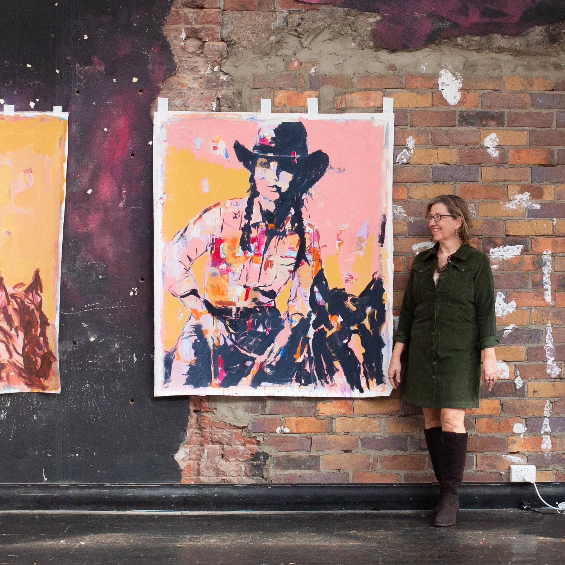 Her Own Damn Way  - Abstract figurative portrait of cowgirl, art by Australian Artist Rose Hewartson Original Abstract Painting on Canvas Framed, Statement Piece