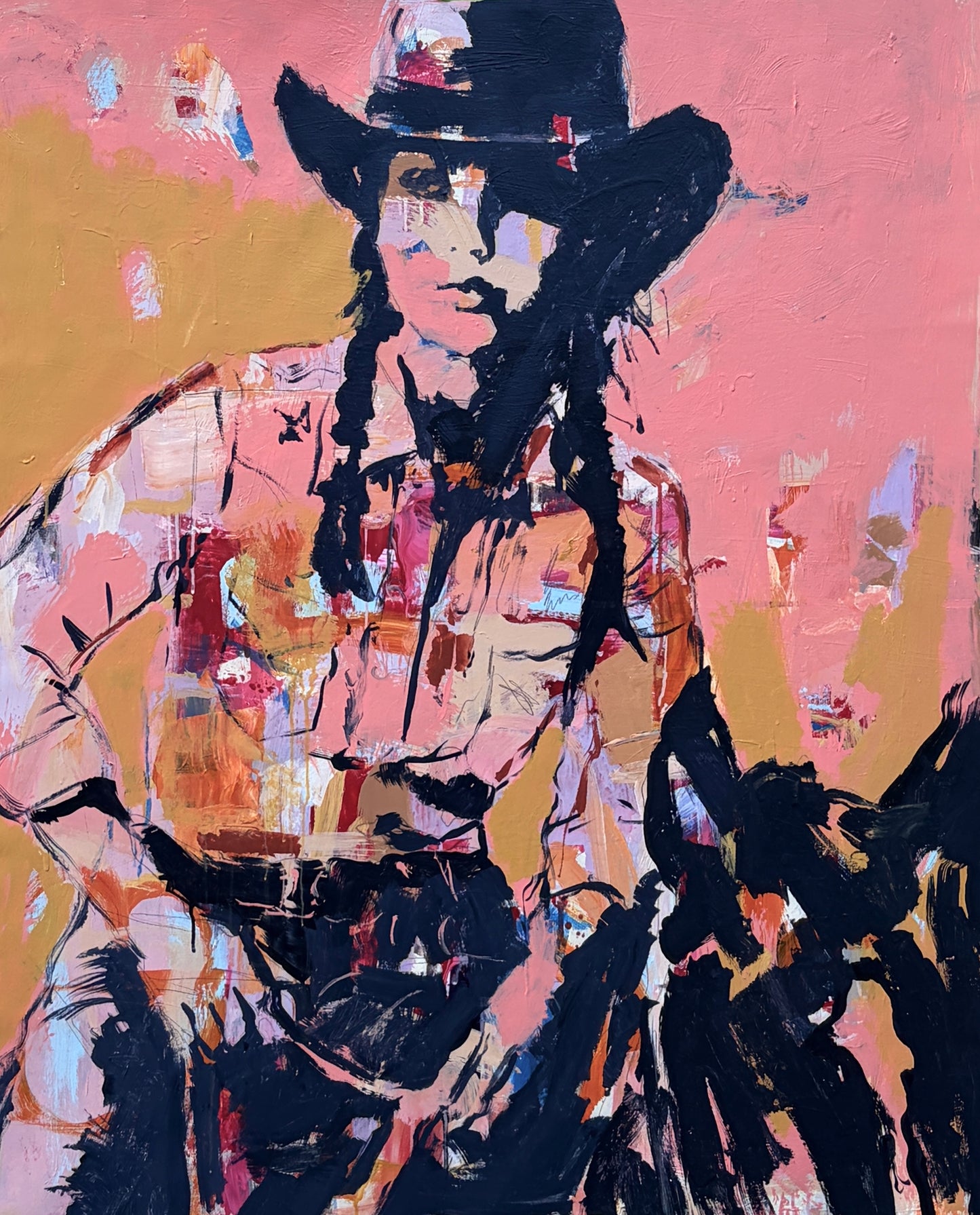 Her Own Damn Way  - Abstract figurative portrait of cowgirl, art by Australian Artist Rose Hewartson Original Abstract Painting on Canvas Framed, Statement Piece