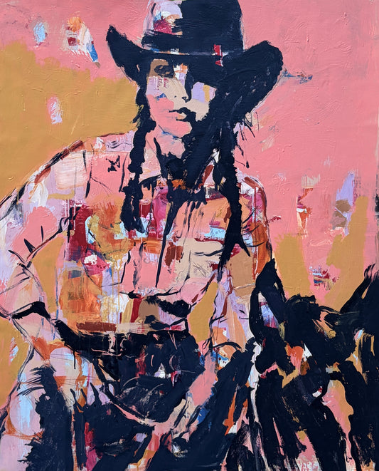 Her Own Damn Way  - Abstract figurative portrait of cowgirl, art by Australian Artist Rose Hewartson Original Abstract Painting on Canvas Framed, Statement Piece