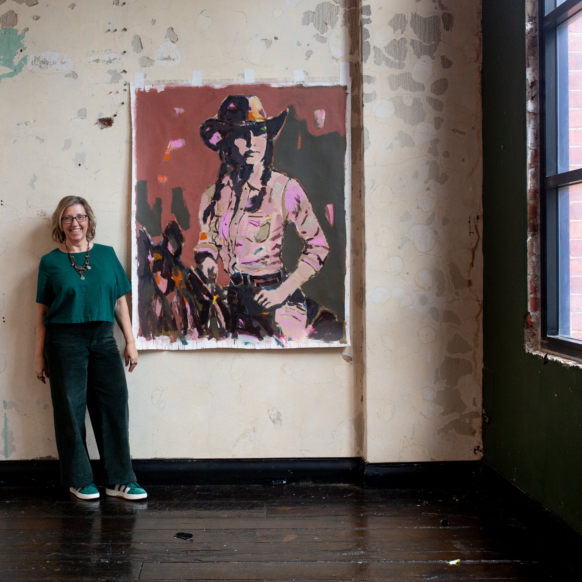 Hold Your Ground  - Abstract figurative portrait of cowgirl, art by Australian Artist Rose Hewartson Original Abstract Painting on Canvas Framed, Statement Piece