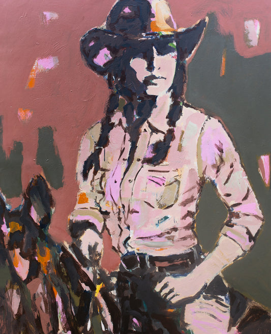 Hold Your Ground  - Abstract figurative portrait of cowgirl, art by Australian Artist Rose Hewartson Original Abstract Painting on Canvas Framed, Statement Piece