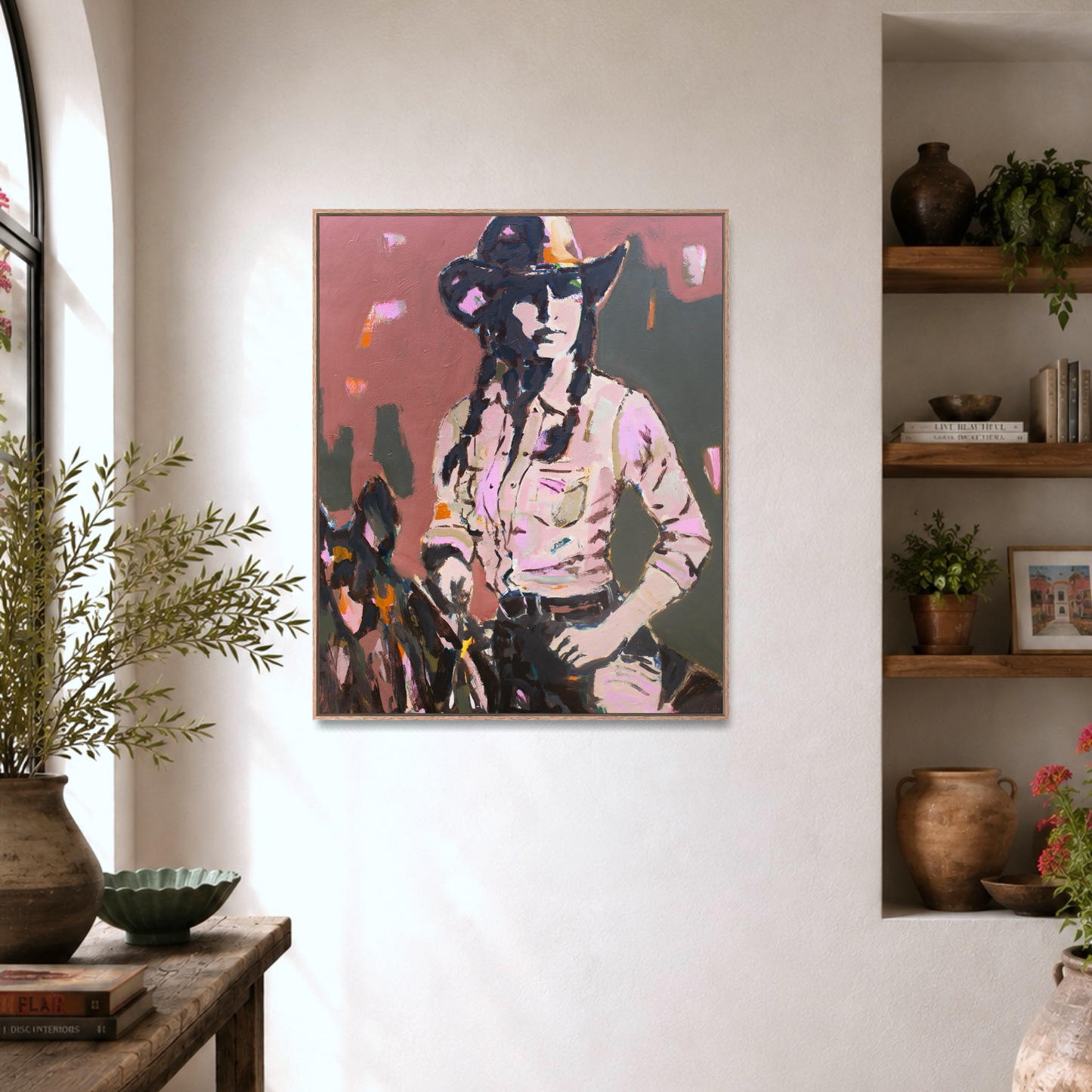 Hold Your Ground  - Abstract figurative portrait of cowgirl, art by Australian Artist Rose Hewartson Original Abstract Painting on Canvas Framed, Statement Piece
