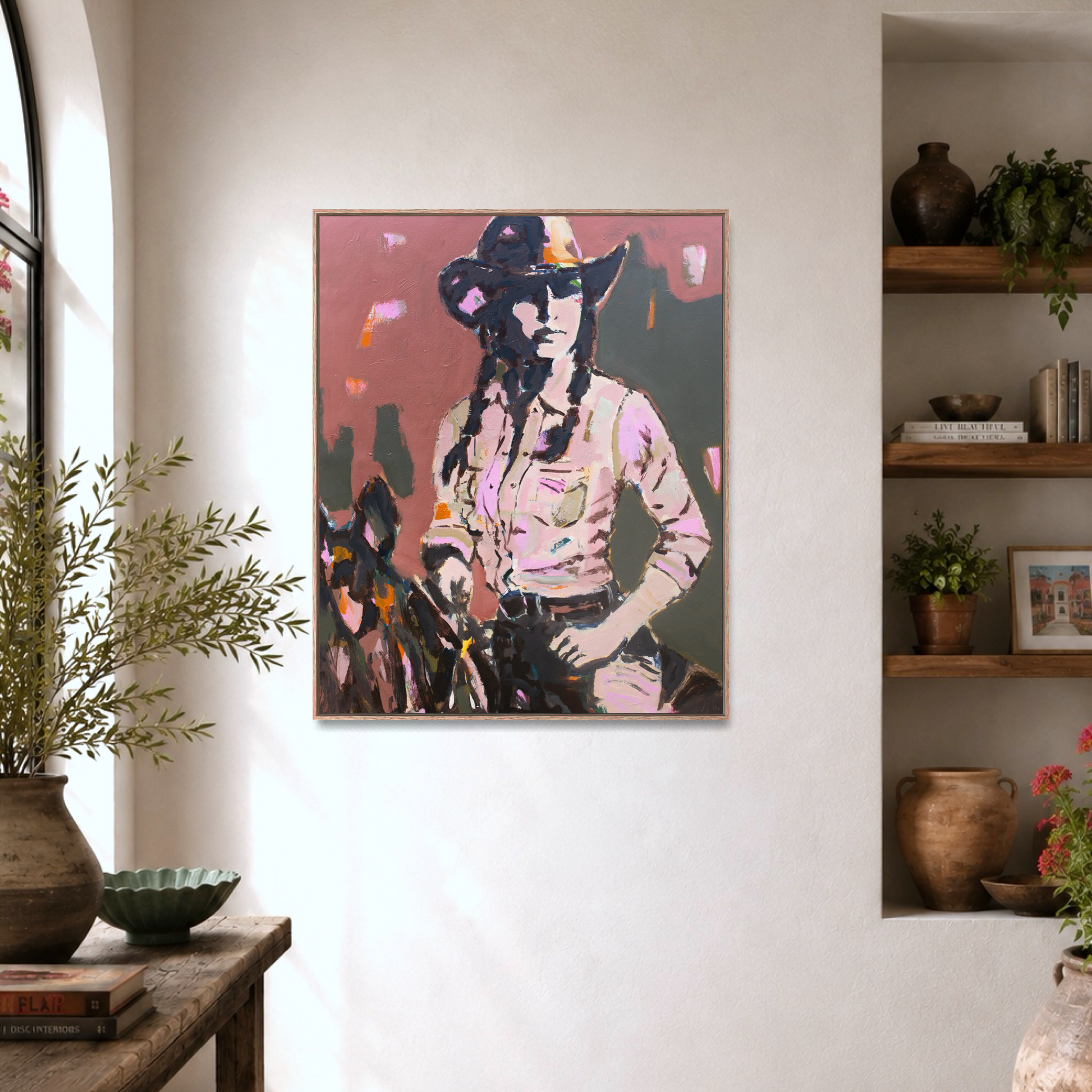 Hold Your Ground  - Abstract figurative portrait of cowgirl, art by Australian Artist Rose Hewartson Original Abstract Painting on Canvas Framed, Statement Piece