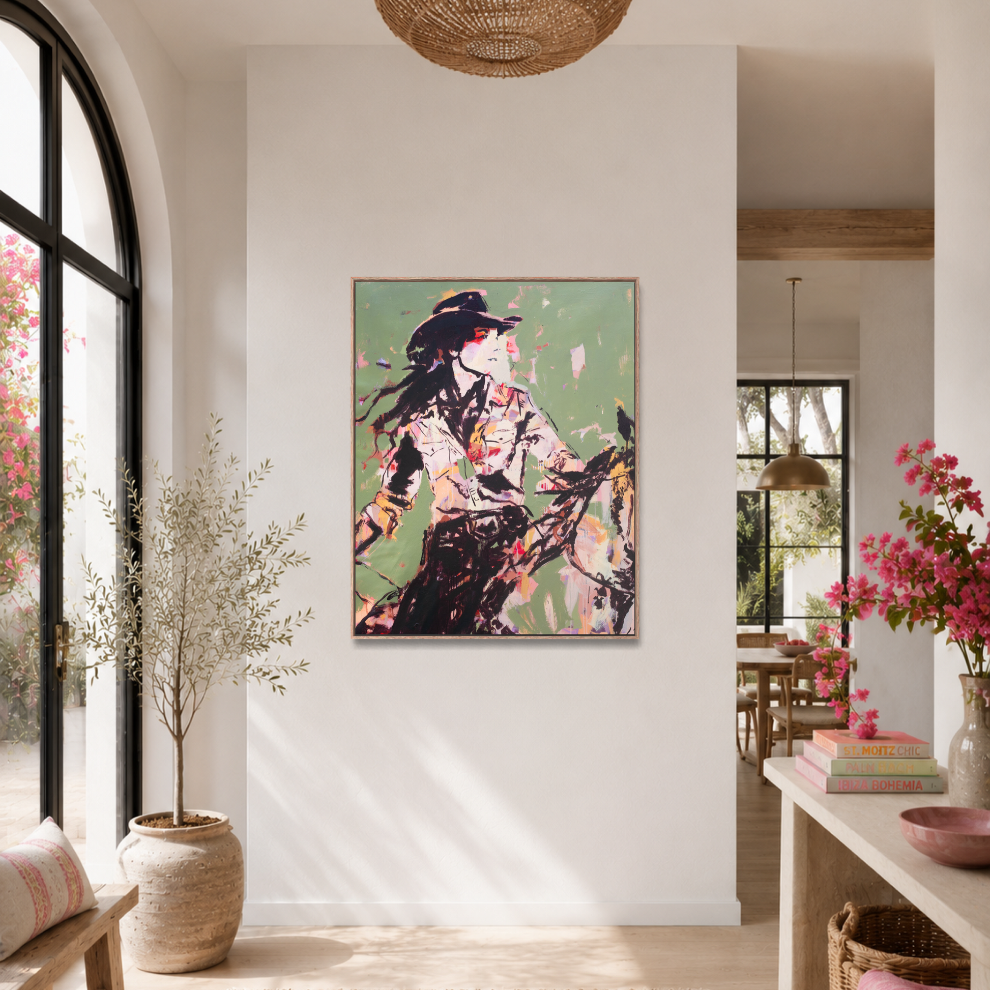 Ride Your Own Trail - Abstract figurative portrait of cowgirl, art by Australian Artist Rose Hewartson Original Abstract Painting on Canvas Framed, Statement Piece