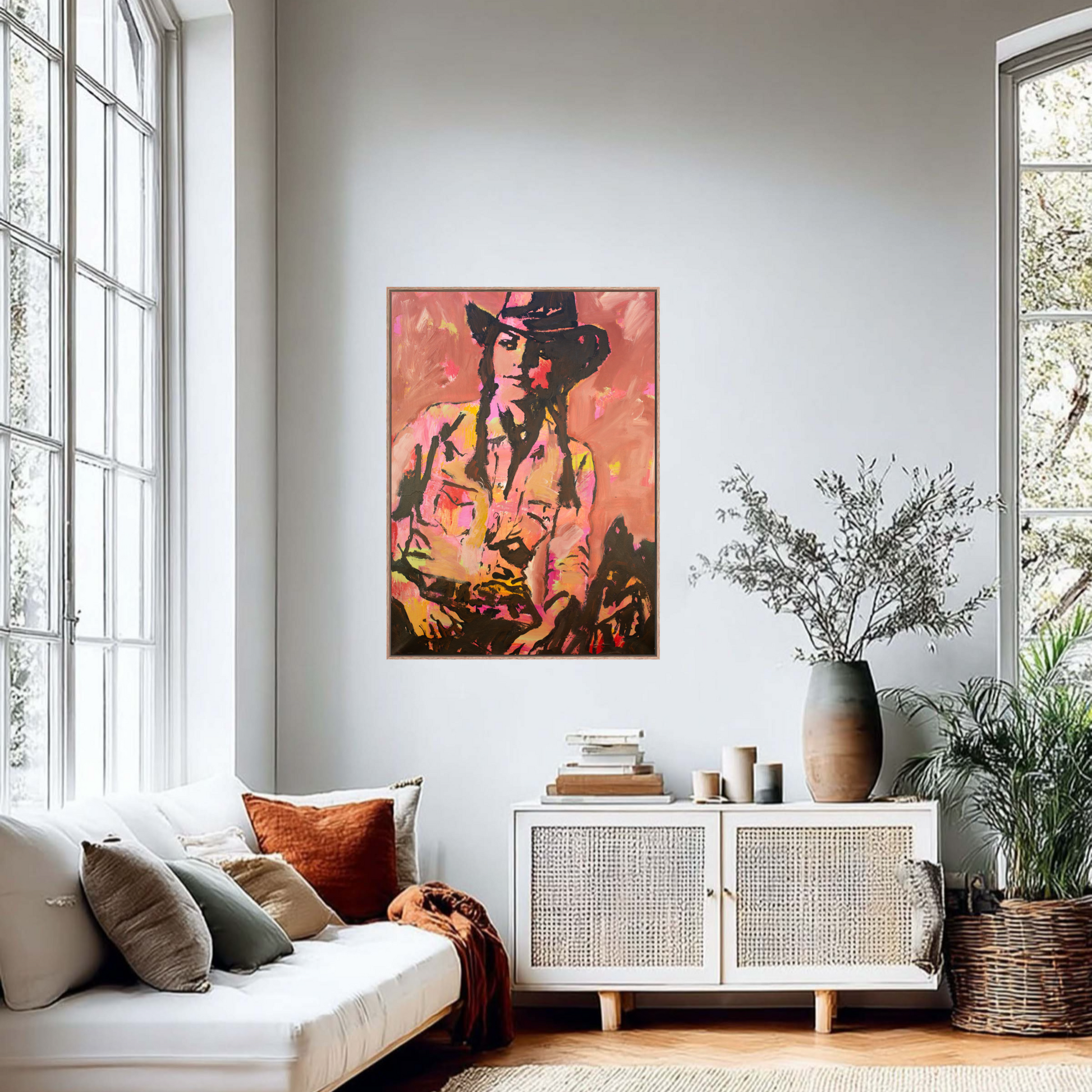 Full Tilt  - Abstract figurative portrait of cowgirl, art by Australian Artist Rose Hewartson Original Abstract Painting on Canvas Framed, Statement Piece
