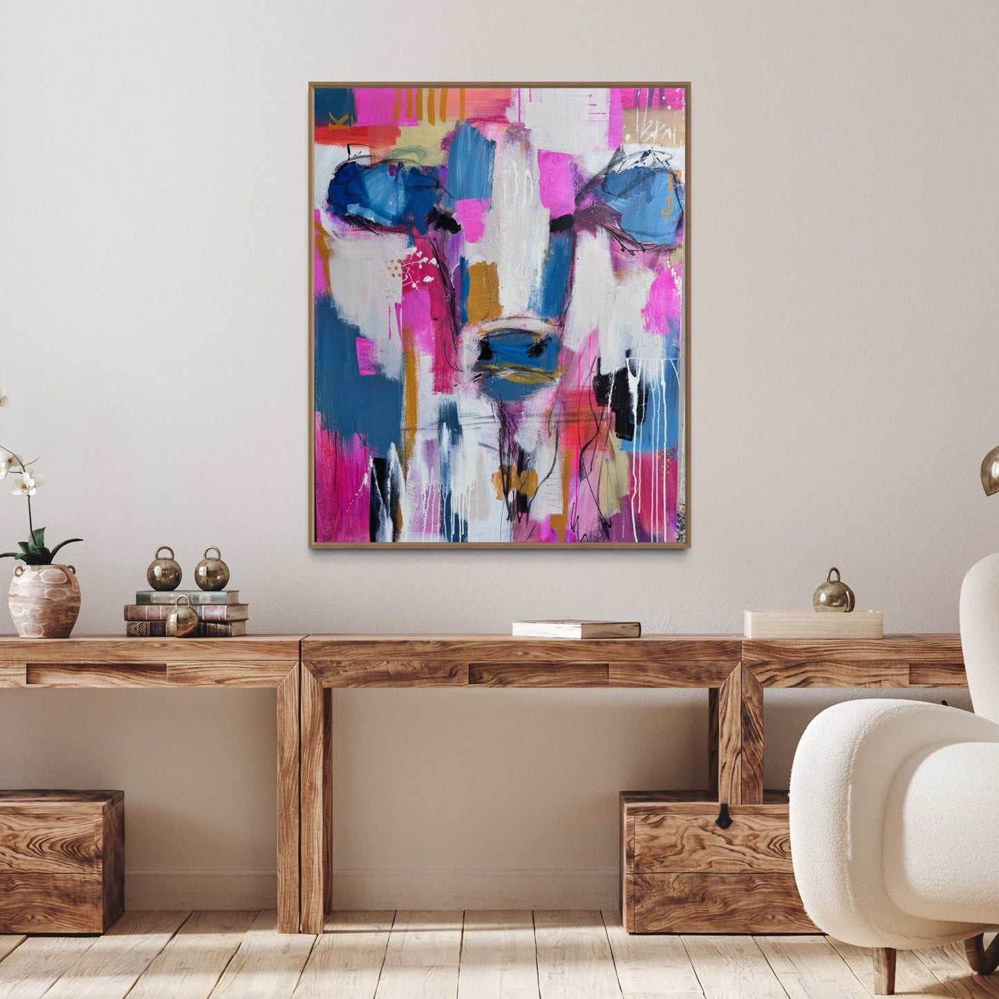 Belle - Abstract Cow by Australian Artist Rose Hewartson Original Abstract Painting on Canvas Framed 96x123 cm Statement Piece