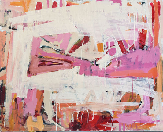 Abstract art with pink, orange, and white brush strokes on a white background - It's Okay To Let Go - by Australian Artist Rose Hewartson Original Abstract Painting on Canvas Framed Statement Piece