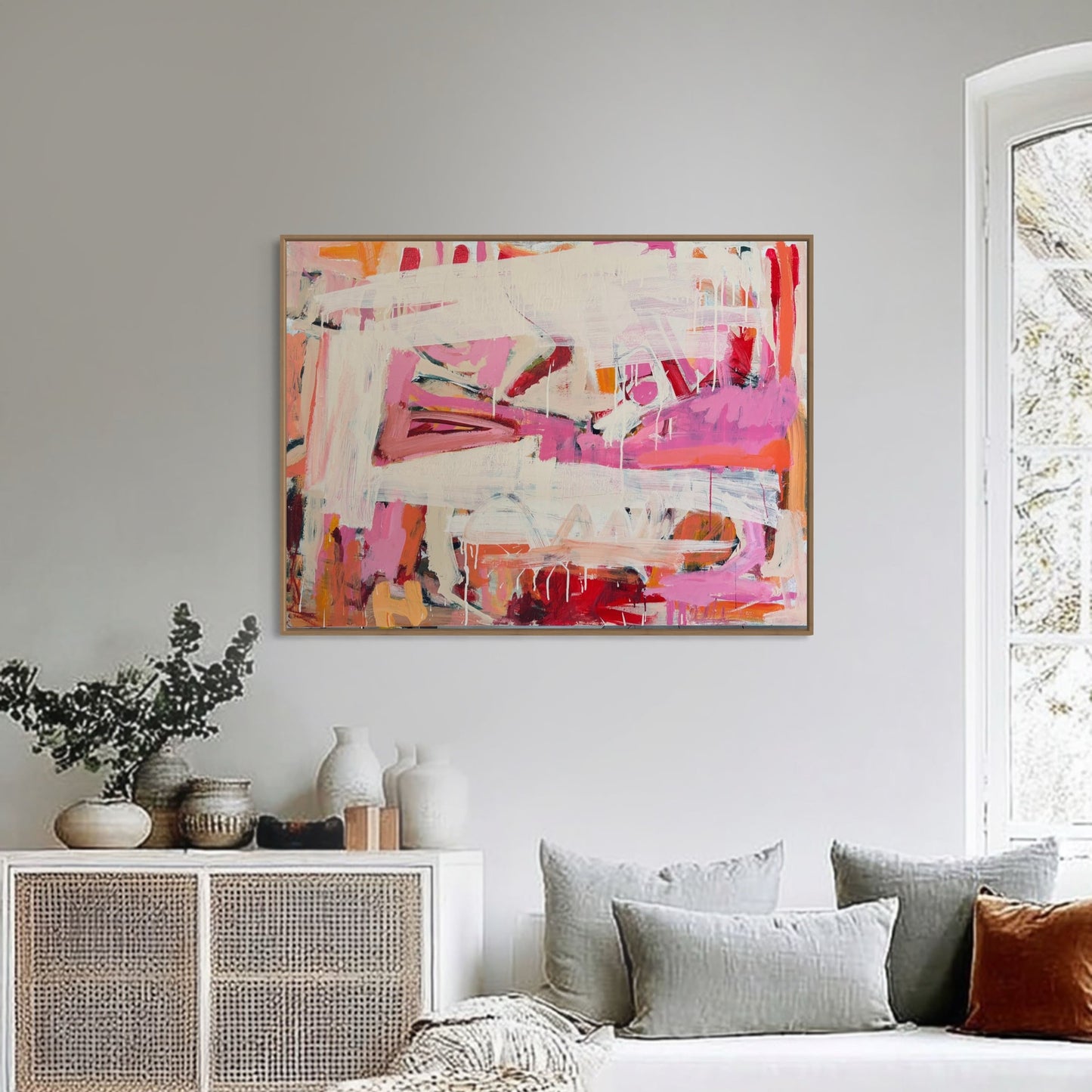Abstract art with pink, orange, and white brush strokes on a white background - It's Okay To Let Go - by Australian Artist Rose Hewartson Original Abstract Painting on Canvas Framed Statement Piece