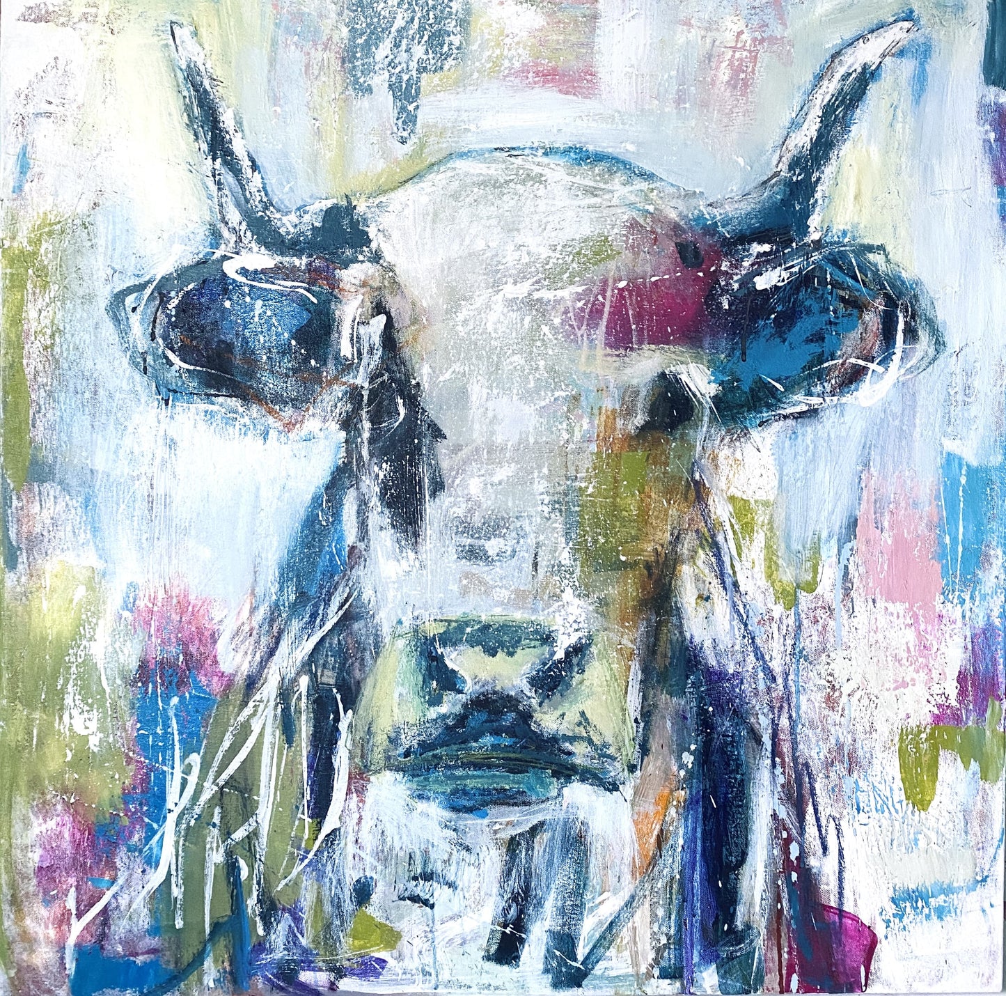 Jasper - by Australian Artist Rose Hewartson Original Abstract Cow Painting on Canvas Framed 90 x 90cm Statement Piece