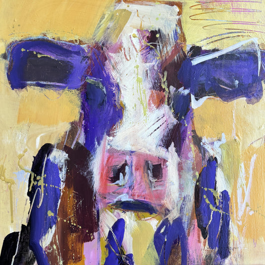Jasper  - by Australian Artist Rose Hewartson Original Abstract Cow Painting on Canvas Framed 40x40cm Small art piece