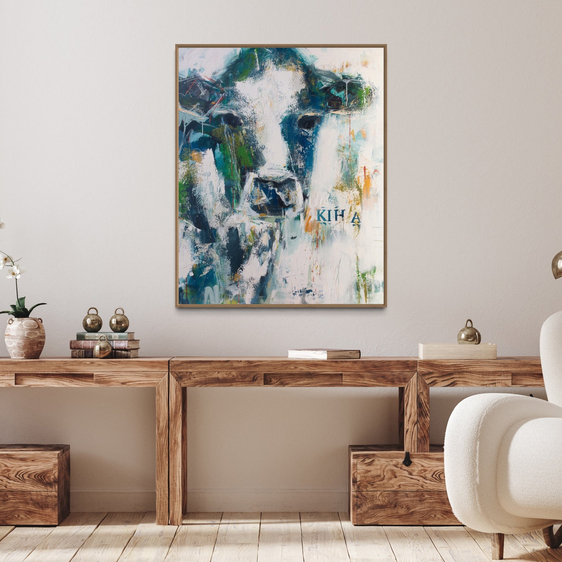 Kiha  - Abstract Cow by Australian Artist Rose Hewartson Original Abstract Painting on Canvas Framed 96x123 cm Statement Piece